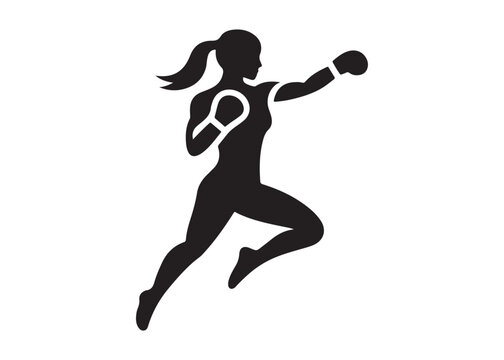 woman boxer logo silhouette vector, woman in boxing gloves silhouette vector illustration,  boxing woman logo silhouette, powerful female boxer logo vector silhouette on white background