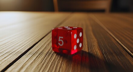 A single red die with the number 5 on it sitting on a wooden table