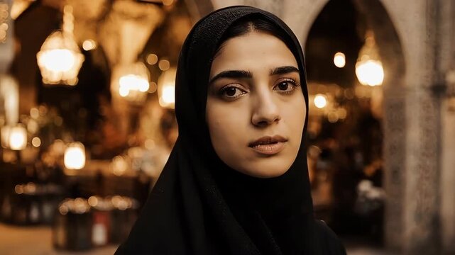 Persian woman in a richly detailed close-up against the ancient bazaar arches, using warm chiaroscuro lighting to emphasize her timeless elegance