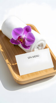 Relaxing spa menu presentation with orchid flower and towel on wooden tray