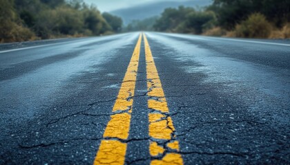 Fototapeta premium wet cracked asphalt road with double yellow center lines stretching into foggy tree-lined hills, evoking solitude and a quiet journey