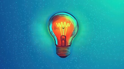 single glowing colorful light bulb with visible filament floating against a teal-blue dotted starry gradient background, evoking inspiration and creativity