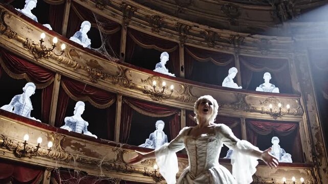 Woman in elegant gown performing on old theatre stage