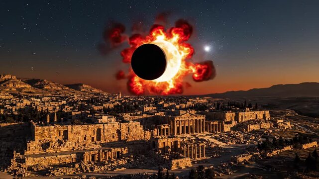 Black Eclipse With Fiery Corona Above Ancient Ruins Dusk Light Casts Long Shadows Across Columns And Theater, Astronomer Perspective Suggesting Scientific Observation Of Rare Celestial Spectacle.