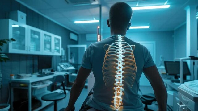 The illuminated skeleton on the back of a person in the clinic emphasises the importance of medical research, reminding us of spinal health issues, and will serve as an informative backdrop for educat