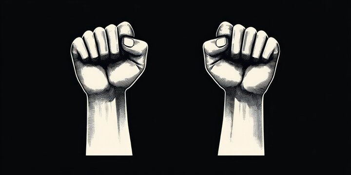 two raised clenched fists side by side on dark background expressing solidarity strength and defiance