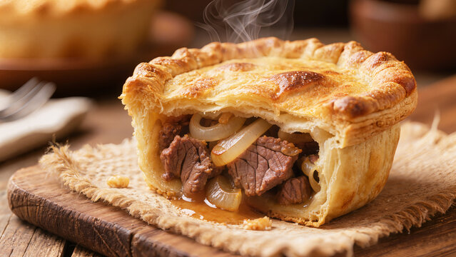 Hot meat pie with onions on wooden board with appetizing rising steam.
