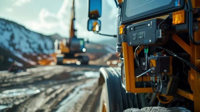 A detailed view of the control panel for construction equipment at a building site demonstrates the complexity of modern mechanisms, which is suitable as a technical backdrop for presentations on prog