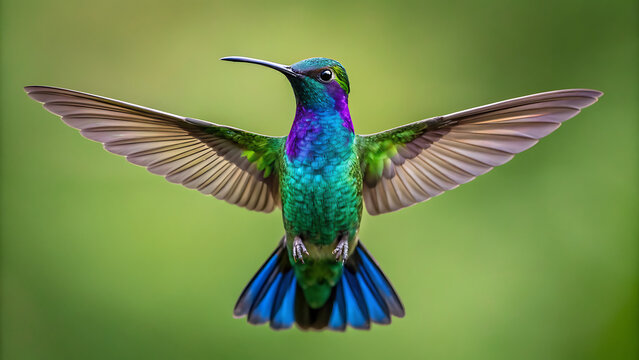 Vibrant Ruby-Throated Hummingbird Hovering in Flight Near Purple Flowers