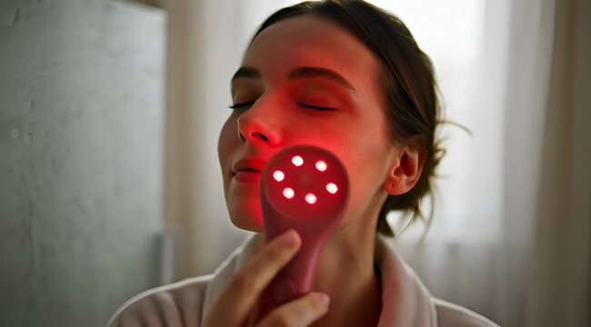 Young woman using red light therapy device for skin health and rejuvenation at home, relaxing facial treatment with LED technology