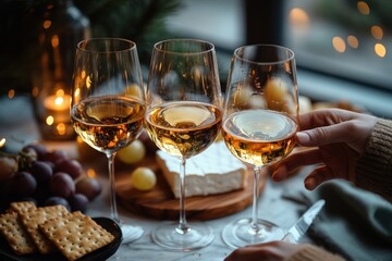 Obraz premium Three glasses of white wine on a table with brie cheese on a wooden board, grapes, crackers and a knife, hand reaching in warm candlelit cozy intimate scene