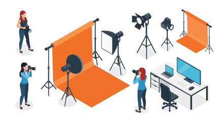 Isometric illustration of a professional photography studio setup with equipment © MD REZAUL KARIM