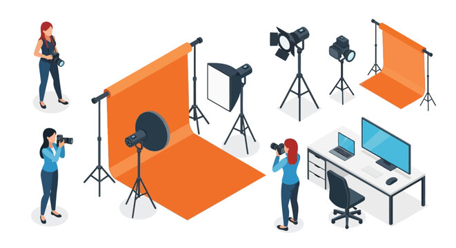 Isometric illustration of a professional photography studio setup with equipment