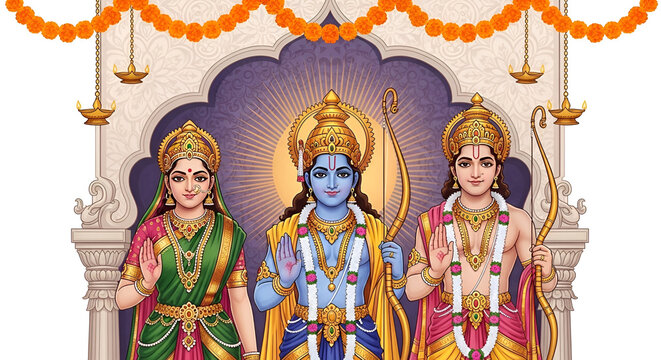Ram Navami sacred illustration of Lord Ram with Sita and Lakshman standing in divine temple setting expressing Hindu festival devotion spirituality tradition. 