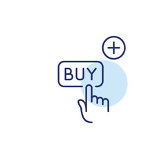 Finger clicking on buy button and plus symbol. Checkout entry, add to cart. Pixel perfect, editable stroke vector icon