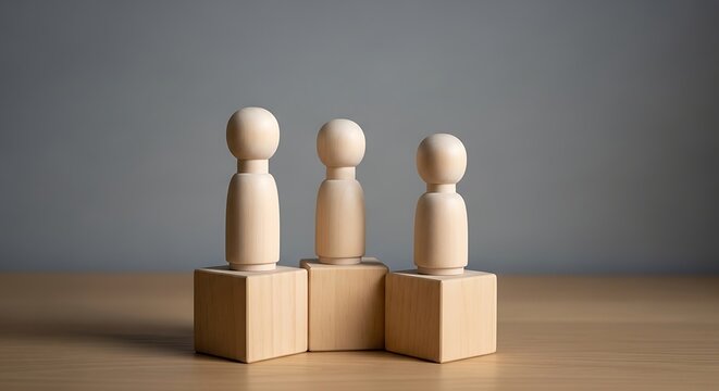 Three wooden peg figures standing on square blocks against gray background wooden figures peg dolls wooden toys