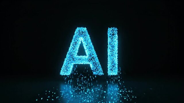 Futuristic AI animation with blue glowing particles forming the letters for artificial intelligence and machine learning technology concepts