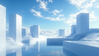 Fototapeta premium white rectangular towers rising from mist and reflective calm water under a bright blue sky, serene and surreal