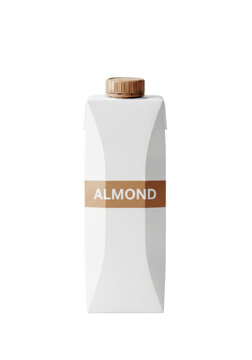 transparent almond milk beverage carton with a brown screw cap and 'ALMOND' text, standing centered on a transparent background with copy space. Concept for product packaging advertisement