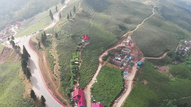 Drone view of lush green tea plantations / Tea garden in Ilam, eastern Nepal, with rolling hills, misty mountains, and small red roof houses surrounded by nature.