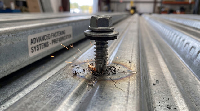 Close-up of a metal screw fastening a corrugated metal surface.