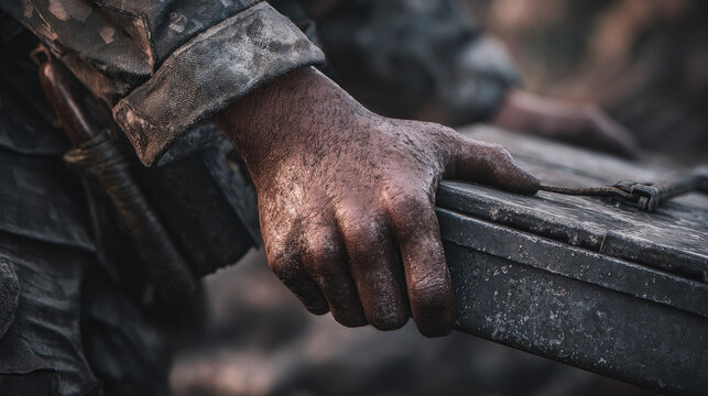 Military operations center with soldier monitoring concept. A soldier's hand gripping a metal box in a rugged environment.