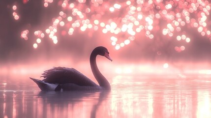 Silhouetted black swan on pink bokeh lake