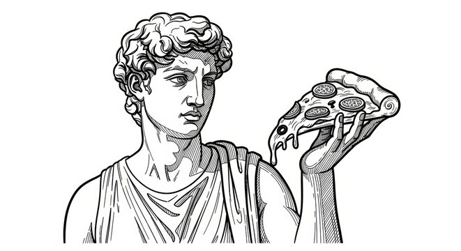 classical Greek or Roman statue with pizza, ancient sculpture with food style sketch engraving generative ai fictional character vector illustration. Scratch board imitation.