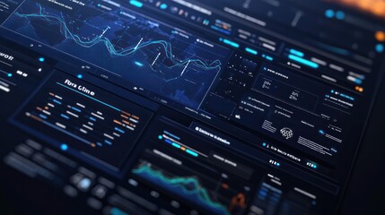 Fototapeta premium Futuristic digital dashboard displaying real-time data analytics with graphs, charts, and key performance indicators.
