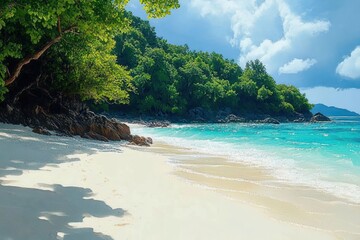 Tranquil tropical beach with white sand, turquoise sea, gentle waves, rocky shoreline and lush green trees under a bright blue sky