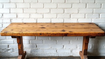 Simple wooden table against white brick wall