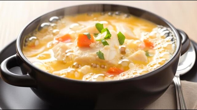Steaming hot bowl of creamy fish chowder with chunks of fish and vegetables, garnished with fresh herbs.