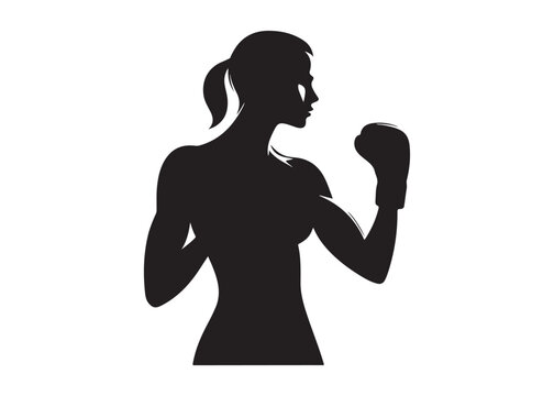 woman boxer logo silhouette vector, woman in boxing gloves silhouette vector illustration,  boxing woman logo silhouette, powerful female boxer logo vector silhouette on white background