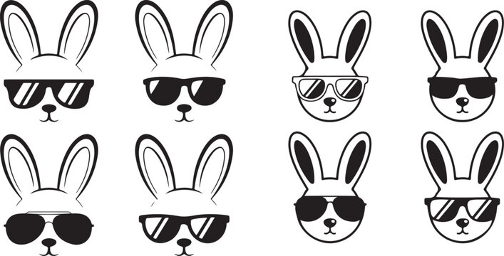 Eight bunny rabbit faces wearing sunglasses different styles on grey grid background