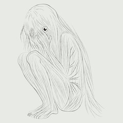 Mysterious Crouching Figure Line Art Illustration with One Eye Peeking