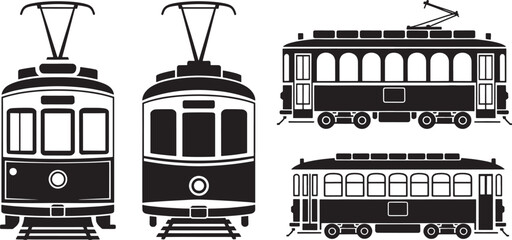 Collection of four vintage tram silhouettes front side and perspective views on grid