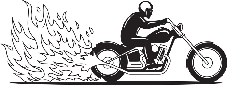 Motorcyclist silhouette riding motorcycle with flames stylized side view on grey grid