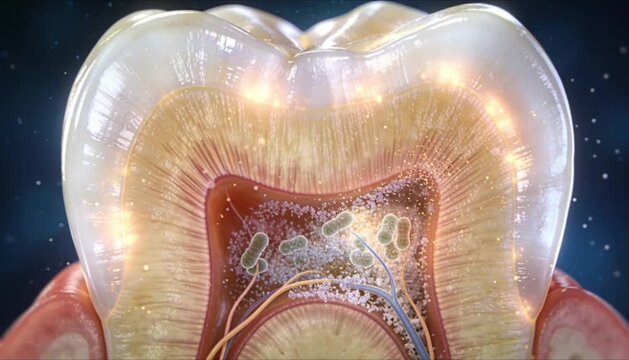 macro cross section of human tooth with dissolving bacteria perfect for world oral health day