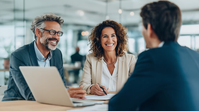 senior wealth advisor explaining long-term investment strategy to mature couple, professional financial planning session in modern office, mature middle-class couple discussing retirement with advisor