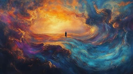 solitary robed figure standing on a luminous ocean amid swirling turquoise and gold waves under a radiant glowing sky, evoking awe, solitude and contemplative calm