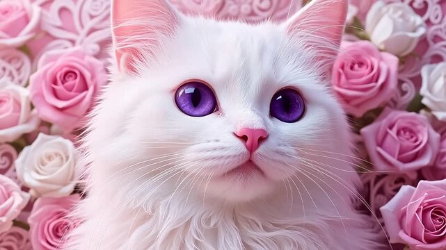 Purple-EyedWhiteCatAmongPinkandWhiteRoses