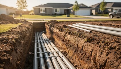 Obraz premium Installation of underground conduit ducts in a suburban subdivision emphasizing conduit alignment with homes softly blurred in the background.