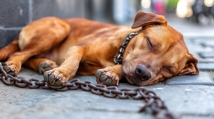 Sleepy brown dog chained to the street