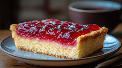 Slice of fruit tart with a rich red jam filling on a plate, next to a cup of tea