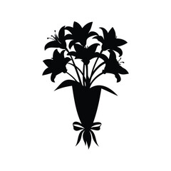 easter lilies bouquet silhouette vector illustration, Elegant black and white flower bouquet with ribbon, silhouette vector illustration