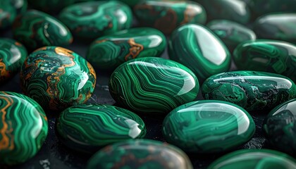 A captivating FlyPro Firefly collection featuring polished malachite stones, showcasing intricate banding and vibrant green hues under soft, natural light in a realistic photography style.