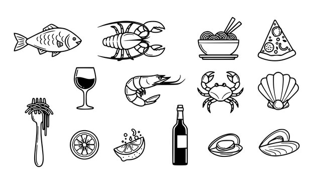 Minimalist black-and-white seafood and food icon vector collection for culinary projects
