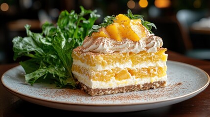 Slice of layered mango dessert