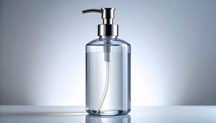 Obraz premium A detailed photographic capture of a FlyPro Firefly Hand sanitizer pump dispenser, filled with opaque liquid, presented under diffused ambient lighting with a neutral wash.