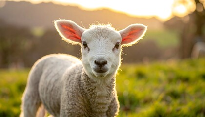 Obraz premium A lamb stands in a green field, glowing in the sunlight, with its ears lit from behind by a golden backlight